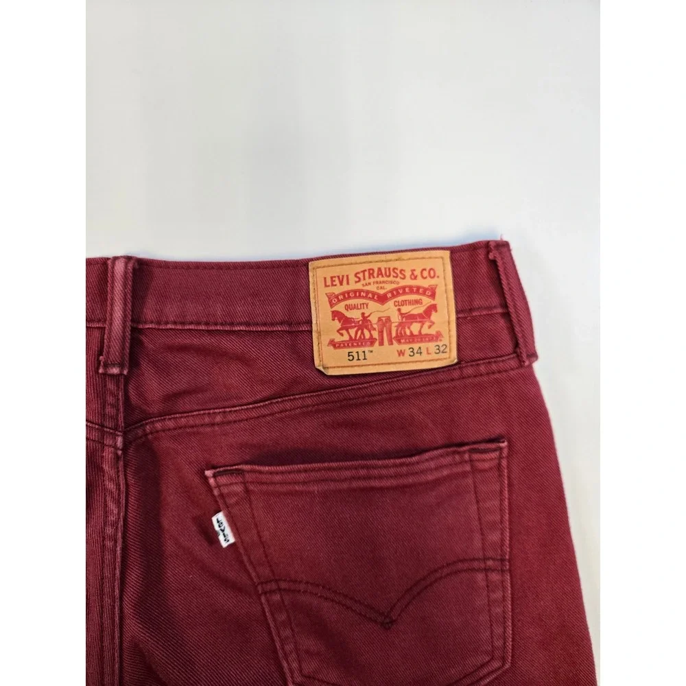 Levis 511 Slim‎ Fit Jeans Mens 34x32 Burgundy Maroon Red Pants 04511-1907